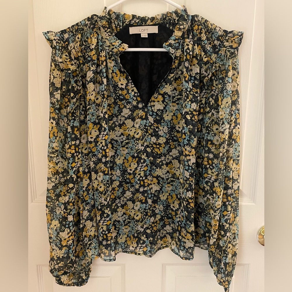 LOFT Floral Long Sleeve Ruffle Blouse